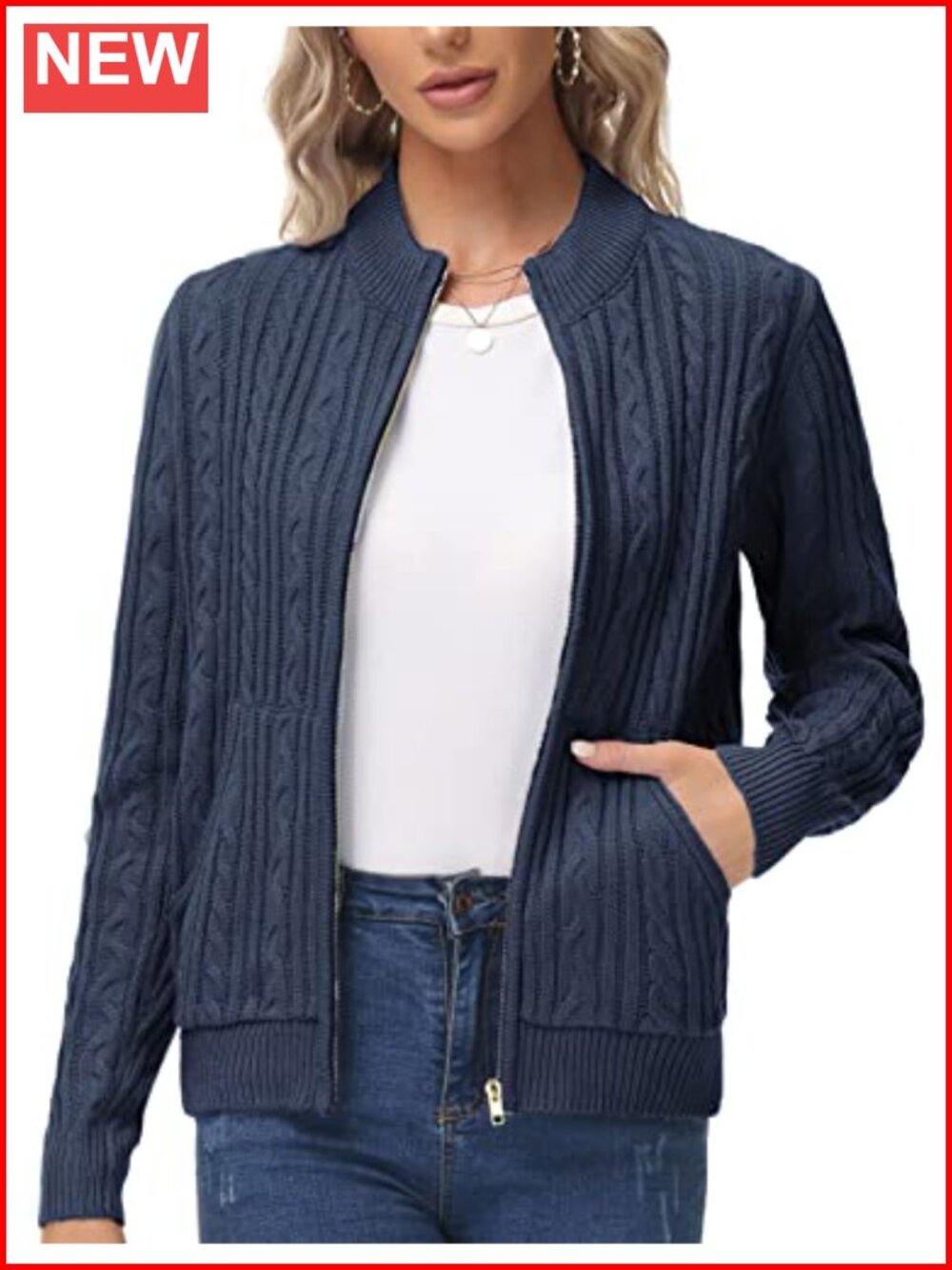 Chunky Cable Knit Zip Up Cardigan with Pockets